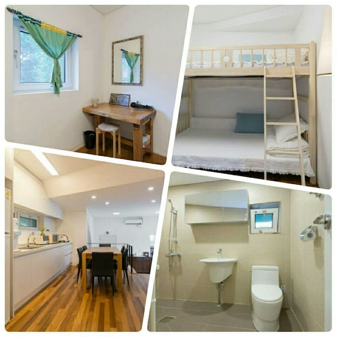 you can see another room with 2 beds, table, kitchen(free of charge), restroom in this house.