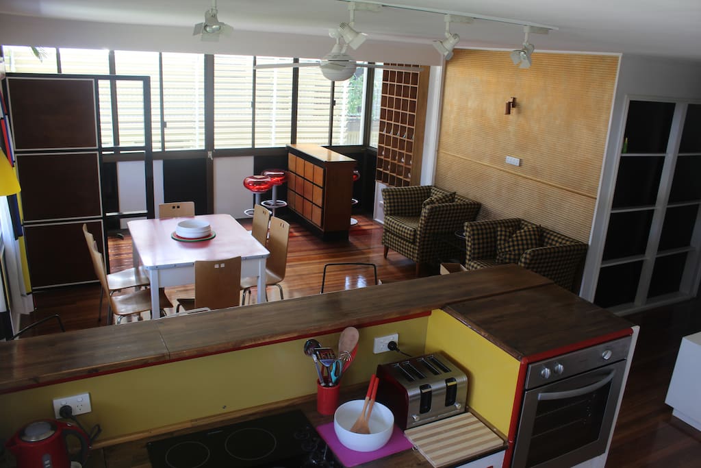 Table is on wheels so you can move it to where you'd like to eat.