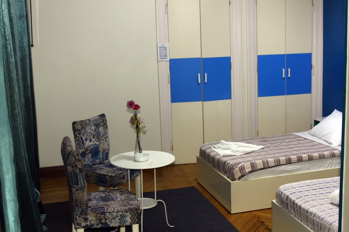 The room features two single beds with striped linens and a small round table between them. A decorative vase with flowers is displayed on the table. A wardrobe with blue and cream-colored panels is visible along the adjacent wall. A portion of a teal curtain frames the room.