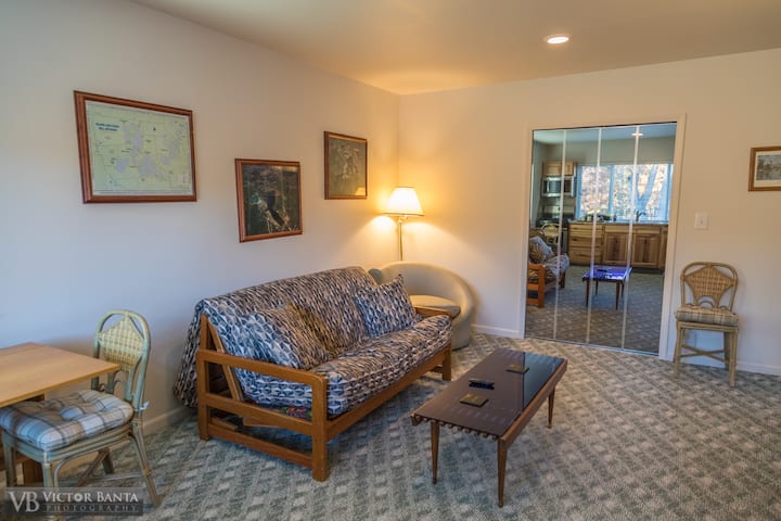 منطقة غرفة معيشة مع فوتون/أريكة مزدوجة الحجم.