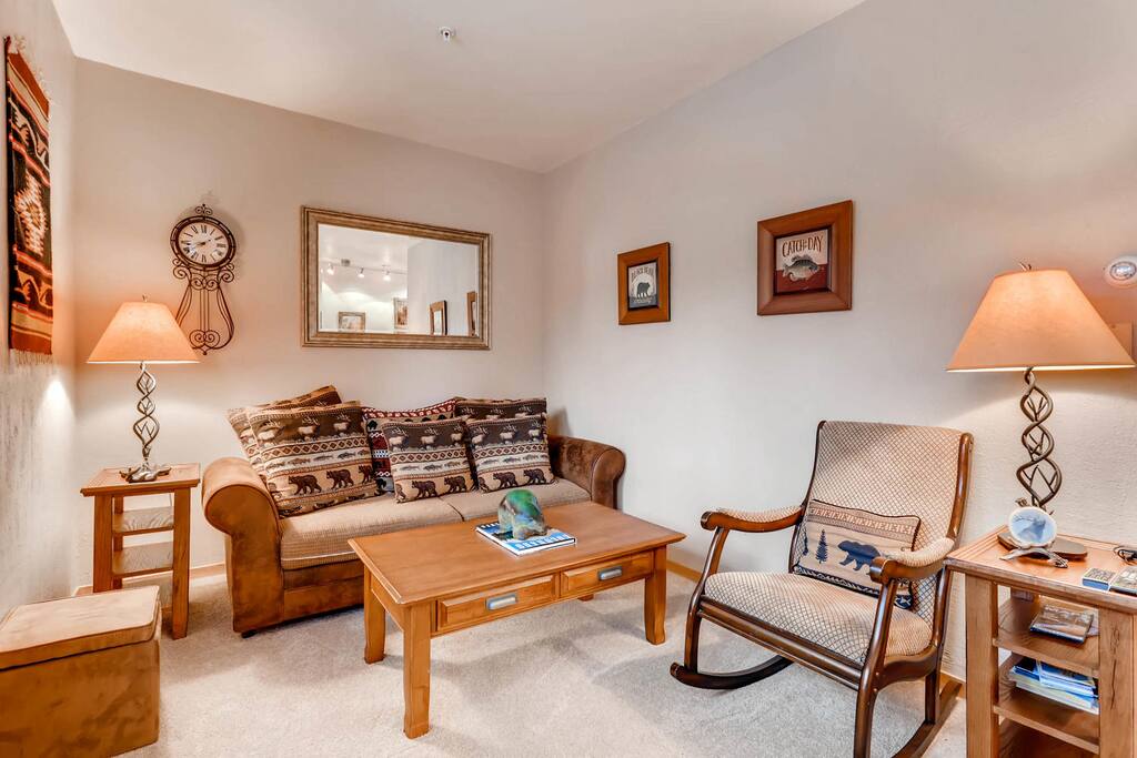 Family room with pullout couch, outfitted with memory foam mattress