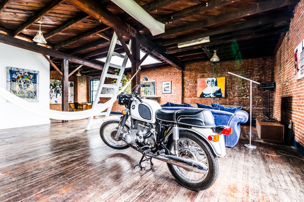 Handwoven double Mexican hammock with huge sofa and sofa bed, motorcycle for display purposes only