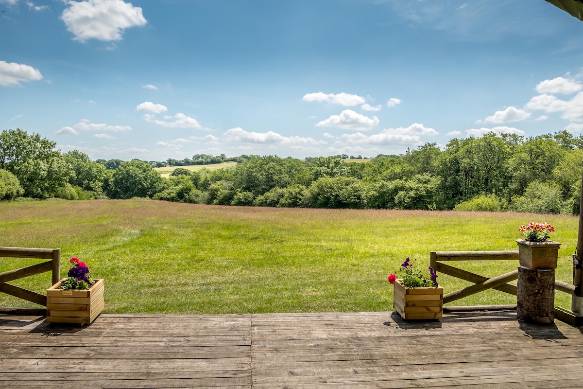 A view of a spacious, open field is presented, framed by greenery and trees in the distance. Flower-filled planters sit on a wooden deck, adding a touch of color to the scene. The sky is bright with fluffy clouds, contributing to a peaceful landscape.