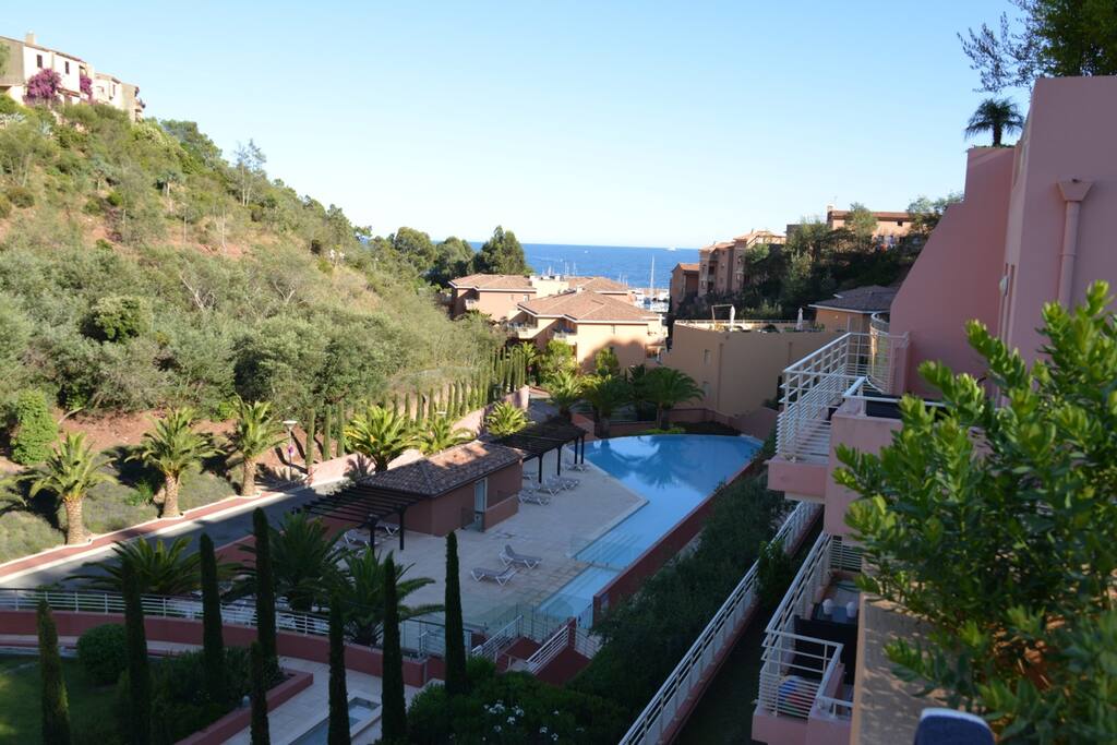View from the terrace towards pool and sea