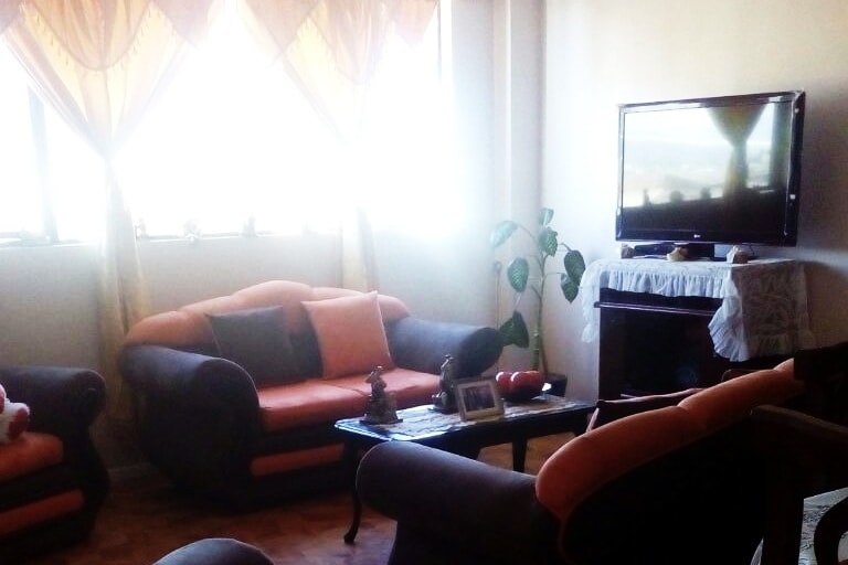 A bright living area features large windows draped with light curtains, allowing natural light to fill the space. Two comfortable sofas in shades of dark brown and orange are arranged around a wooden coffee table. A television is positioned on a cabinet, enhancing the cozy setting.