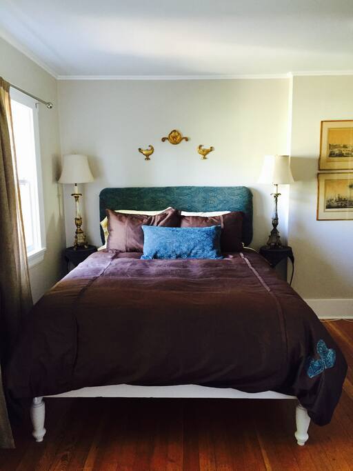 queen bed with down blanket