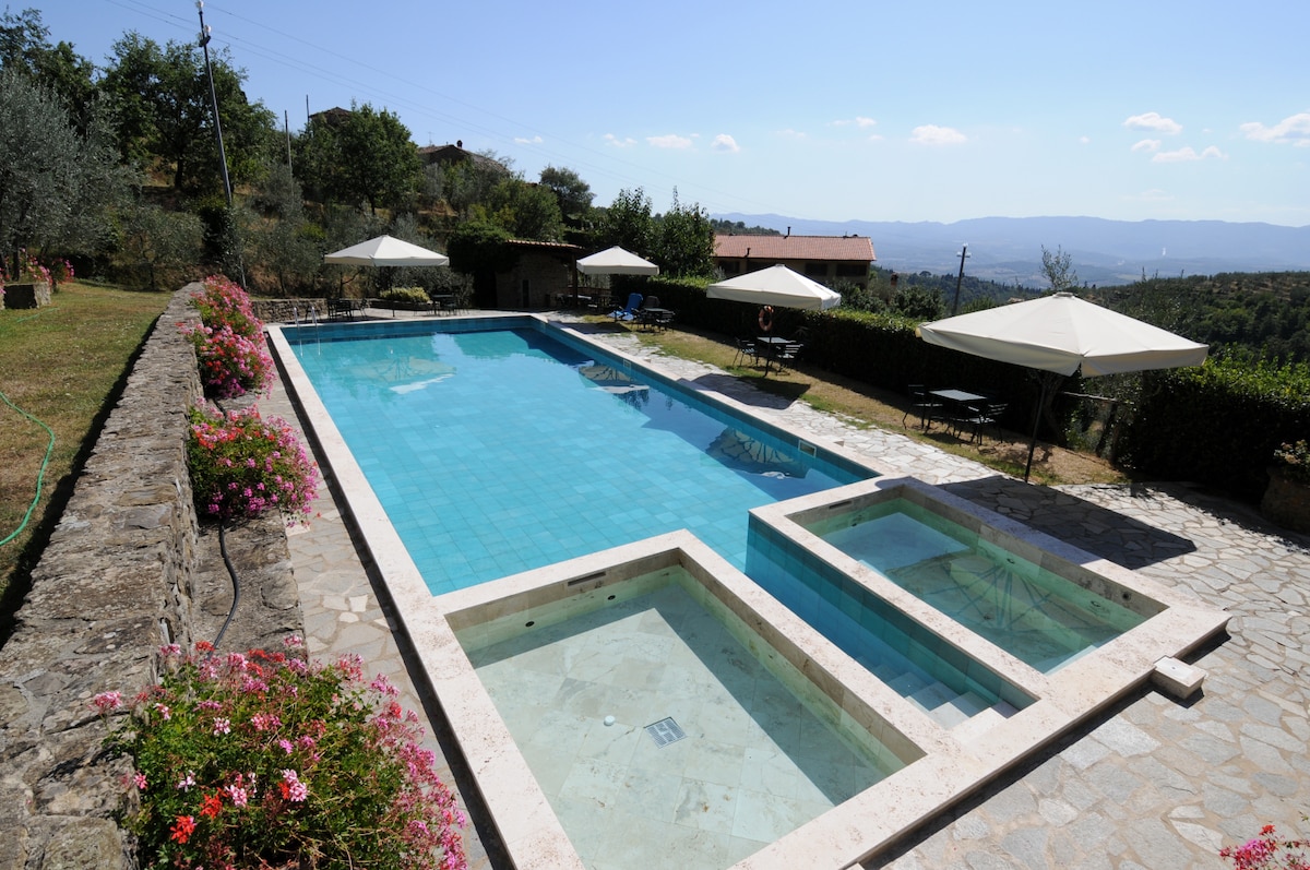 An inviting swimming pool is set within a stone terrace, flanked by vibrant floral arrangements. Sun loungers and umbrellas provide shaded seating options. The surrounding landscape features olive trees and rolling hills, offering expansive views of the serene countryside.