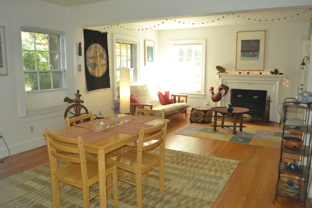Enjoy our living/dining room. The room gets a lot of light in the morning. The shades are top-down/bottom-up, feel free to adjust them for your privacy.