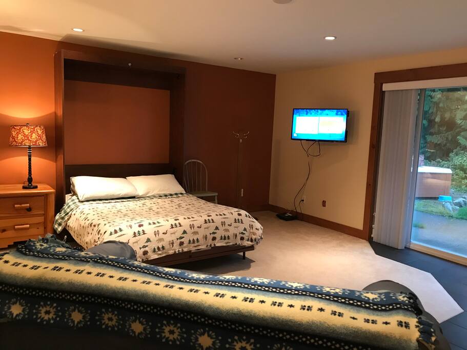 Tv from comfy couch and good black out blinds for privacy and a great sleep