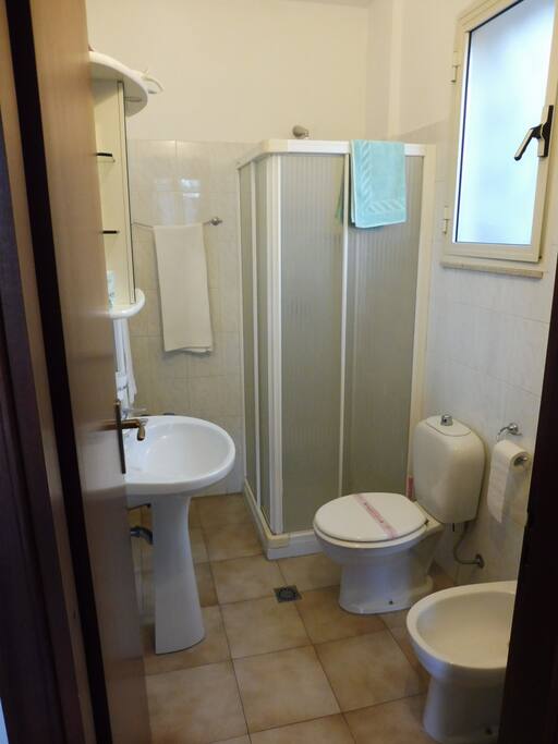 the toilet with shower,
Il bagno con doccia