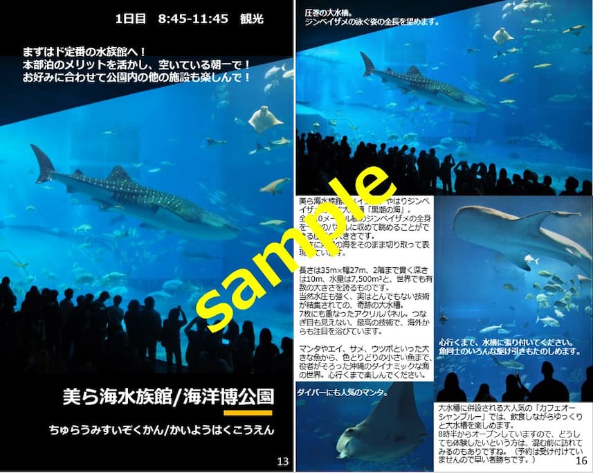 宿泊者様には、完全オリジナルの電子ガイドブック(pdf形式、約230ページ)を無償提供します!100回以上の沖縄旅行経験者が記したガイドブックには載らないお勧めスポット満載の、そのまま実行できる全5日間のベストプランをご紹介。
We will offer the original guidebook (E-book, pdf format, about 230 pages) free of charge to the guests. (sorry, only Japanese for now)