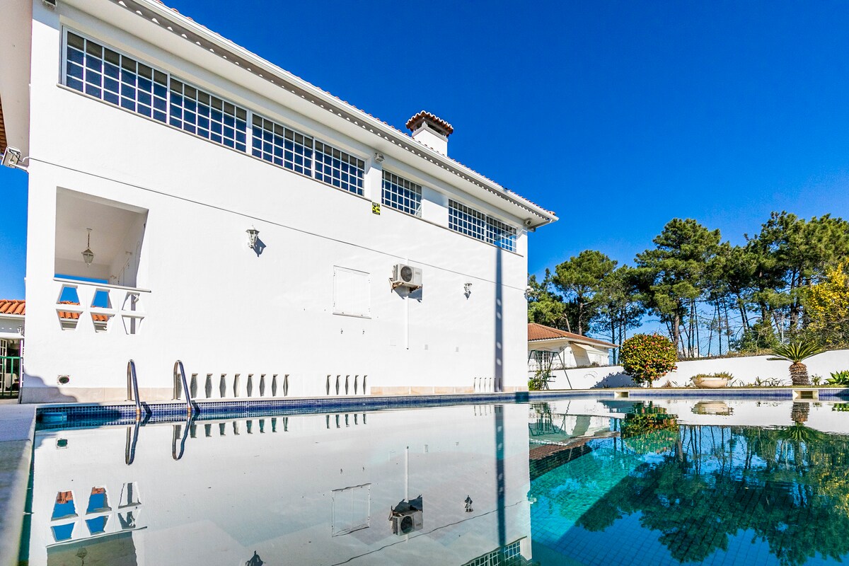 A bright exterior view of the villa showcases a large swimming pool reflecting the clear blue sky. Large windows accentuate the building’s design, and a serene outdoor space is visible in the background, surrounded by greenery.