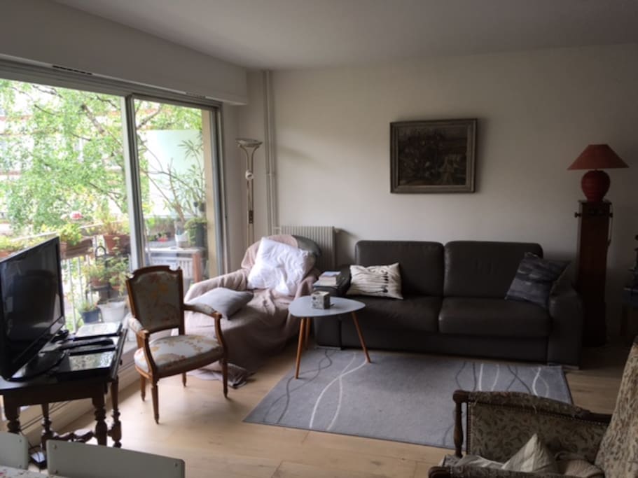séjour, avec la télévision et un canapé (deux couchages)
