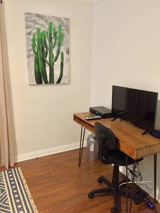 28" TV with cable, WI-FI, and a small desk and chair.