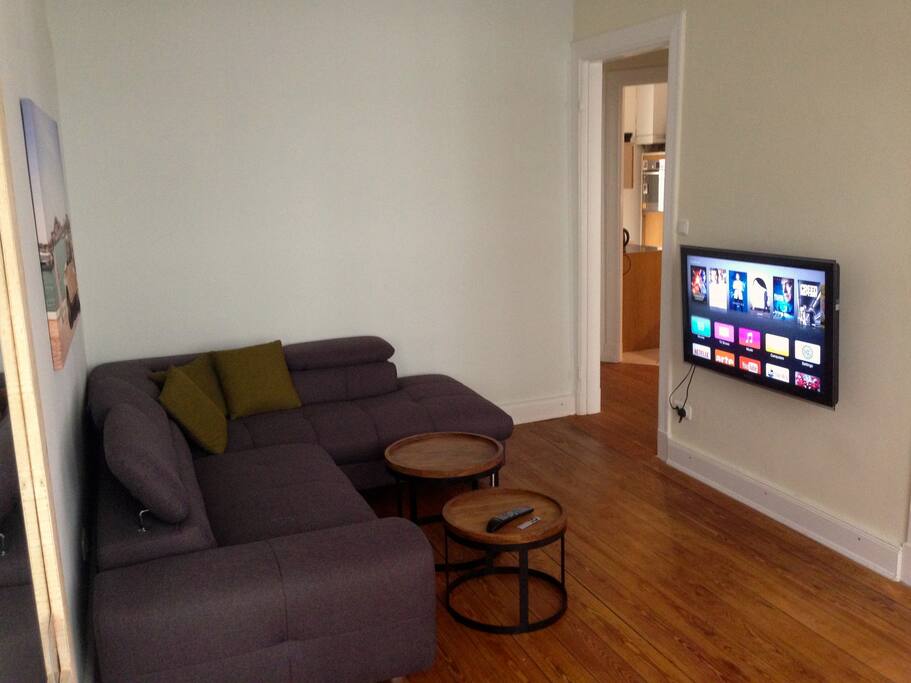 This sofa also turns into a big double bed, TV including Apple TV and Netflix subscription