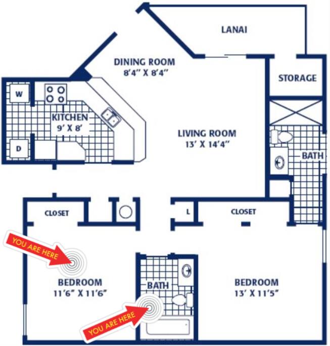 Apt unit floor plan with markers identifying Guest Bedroom and Bath.