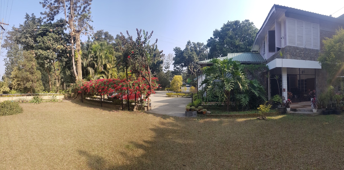 A panoramic view of the homestay's exterior features well-maintained gardens, including vibrant flowering bushes. The pathway leads up to the house, which has a light-colored facade and a green roof. Lush trees frame the surroundings, creating a serene atmosphere.