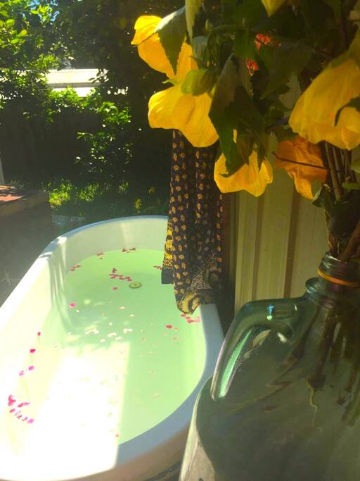 Rose petals in outdoor bath