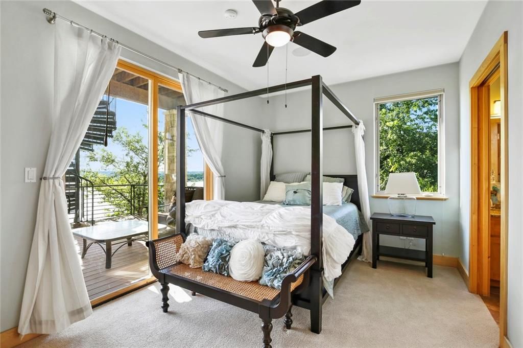 Full bed, with private patio, shared jack and jill full bath, private sink and closet space. On first floor 