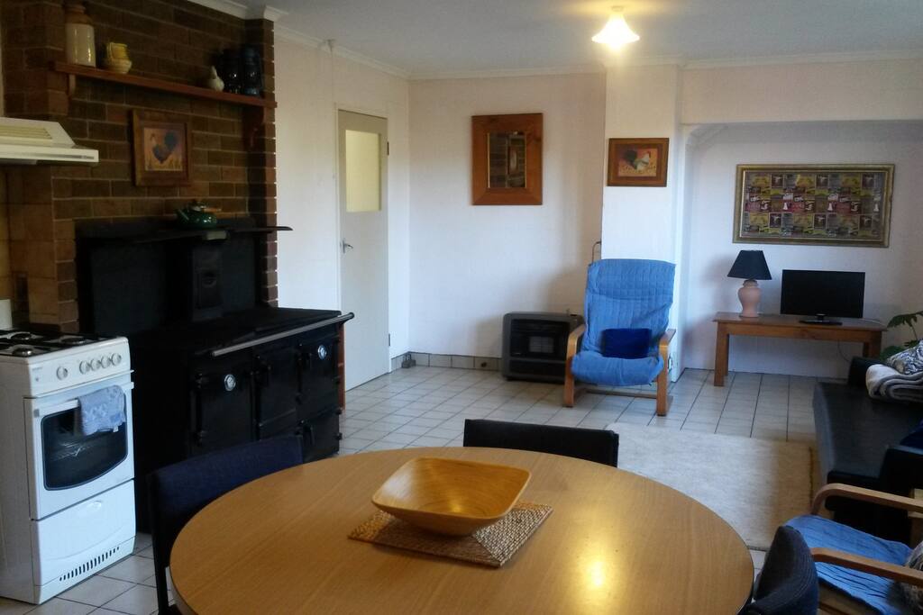 View of room from in front of fridge.