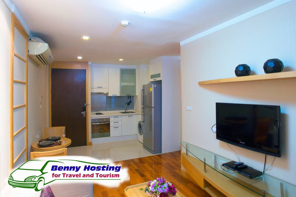 Views from living room to kitchen