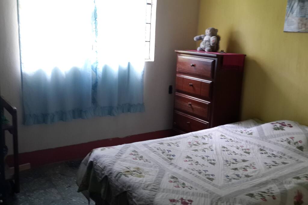 Habitación espaciosa con cama matrimonial y mueble para guardar ropa. Vista a área verde.