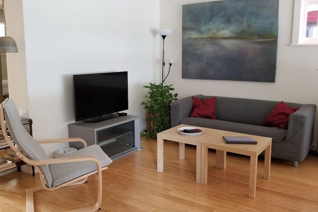 Bright living room with flatscreen tv featuring Netflix and access to AppleTV, and a radio/ CD player.