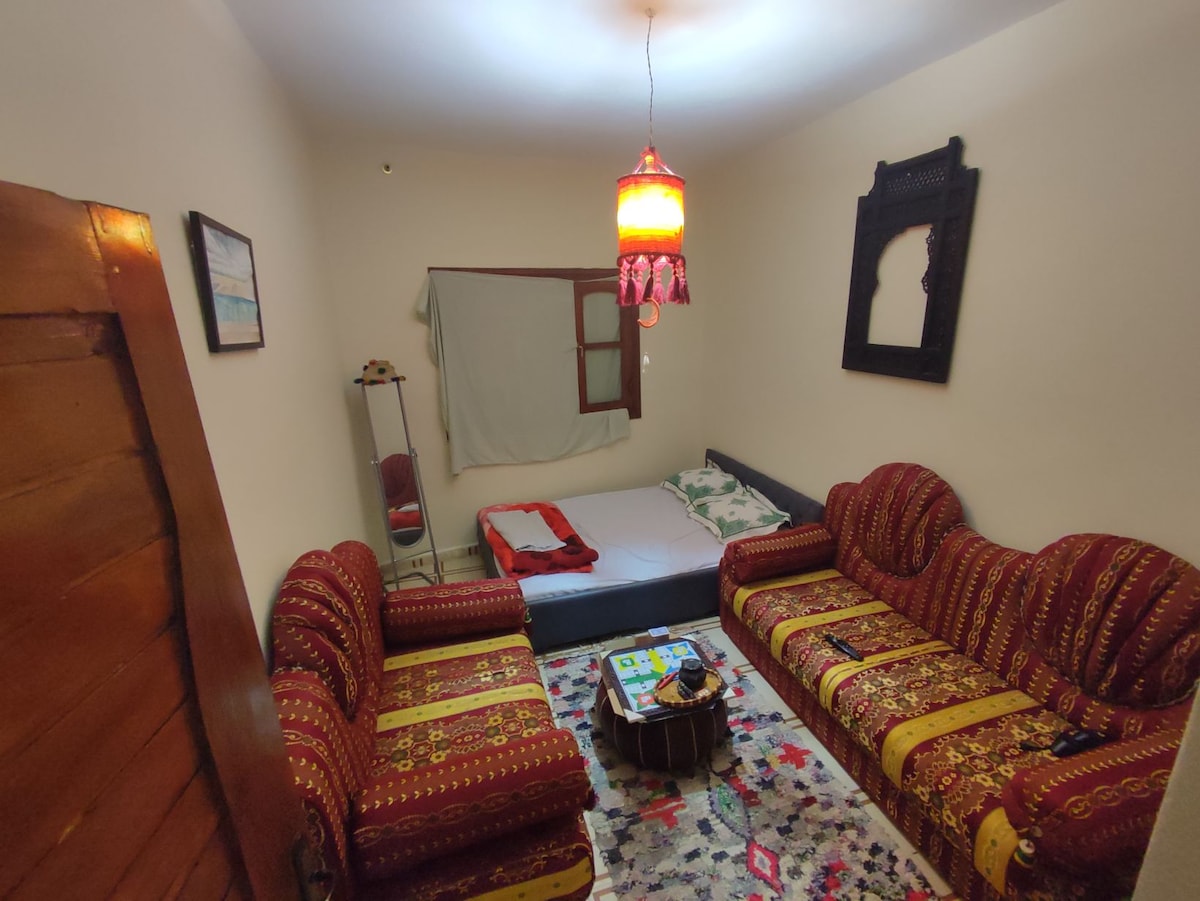 A cozy room features two traditional sofas adorned with vibrant patterns facing a spacious bed. A colorful area rug covers the floor, and a small table sits in the center. Natural light filters through a partially draped window, enhancing the warm atmosphere.
