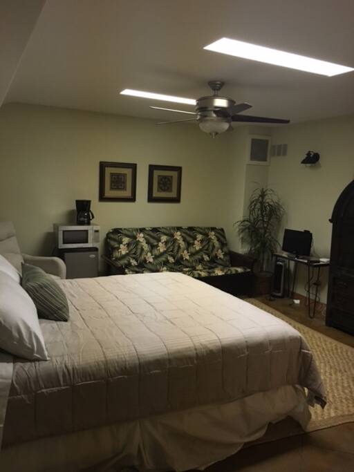 King size bed, refrigerator, microwave, coffee maker.