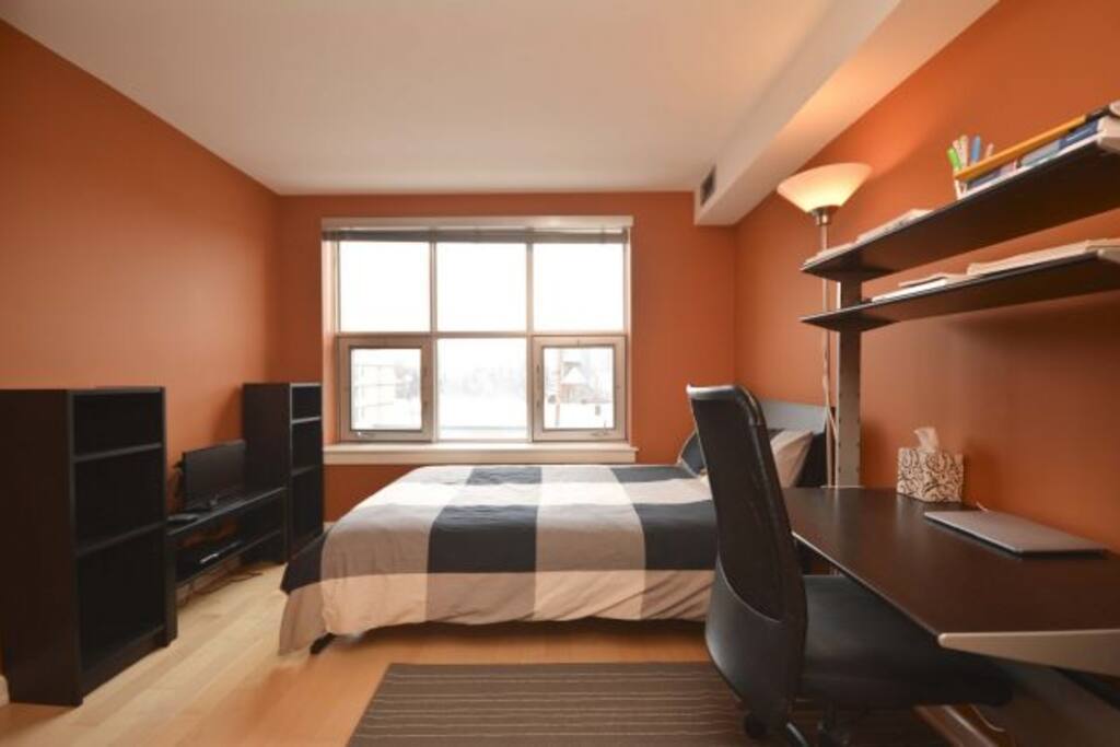 Your room comes with a double bed, desk, wardrobe, closet, a small TV with chromecast and blu-ray player.