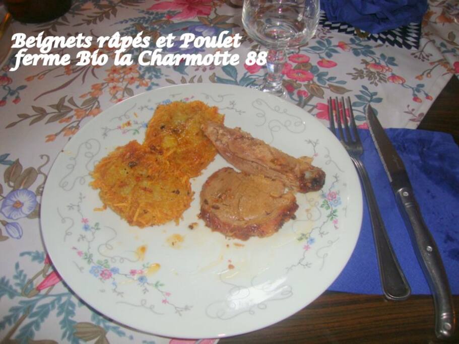beignet râpé maison et dindon de la ferme