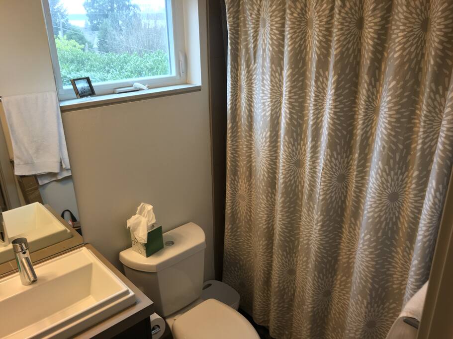 Your Guest Room |
Private guest bath with towels, and bathroom sundries. View of Puget Sound from privacy window.