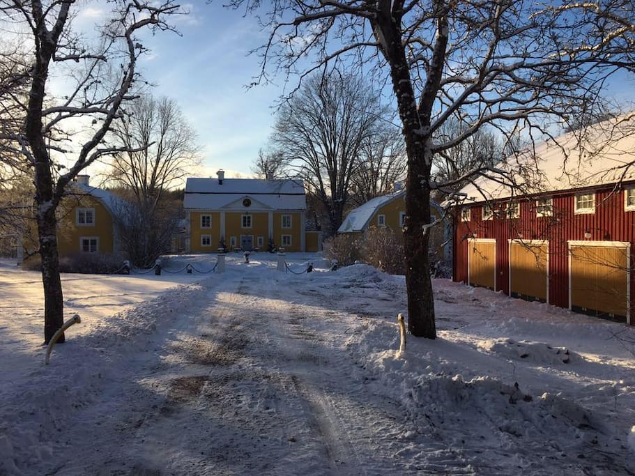 your winter approach to Forsa Gård. Attic appartment in red building to the right