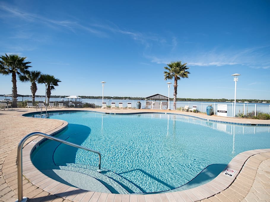 Enjoy a beautiful view of the lagoon from the outdoor pool.