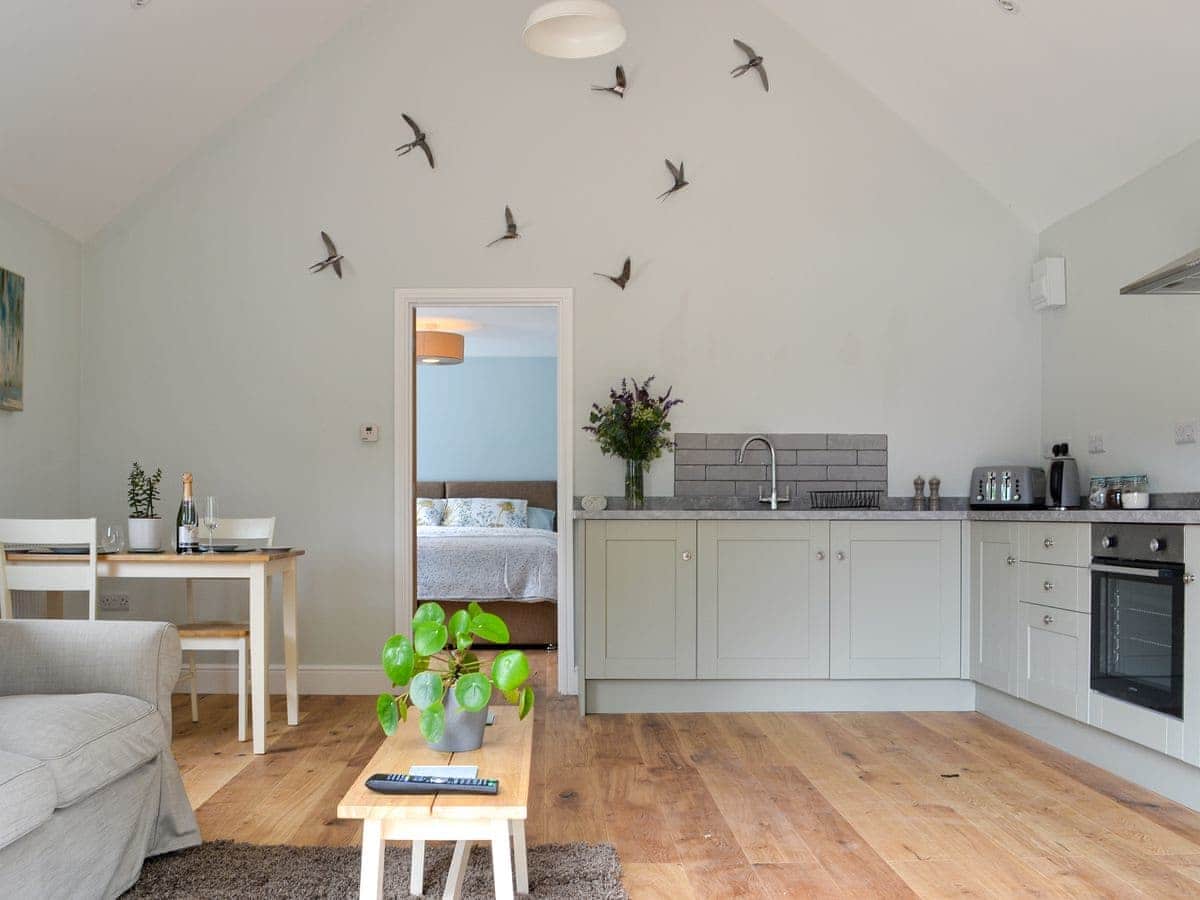 An open-plan kitchen and lounge area features a well-equipped kitchen with a countertop and modern appliances. A cozy seating arrangement is present, alongside a dining table with two chairs. A few decorative birds are mounted on the wall, and a soft rug is laid on the wooden floor.