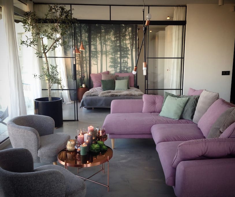 Living room with a view into the master's bedroom. All glass walls, sliding doors and curtains.
