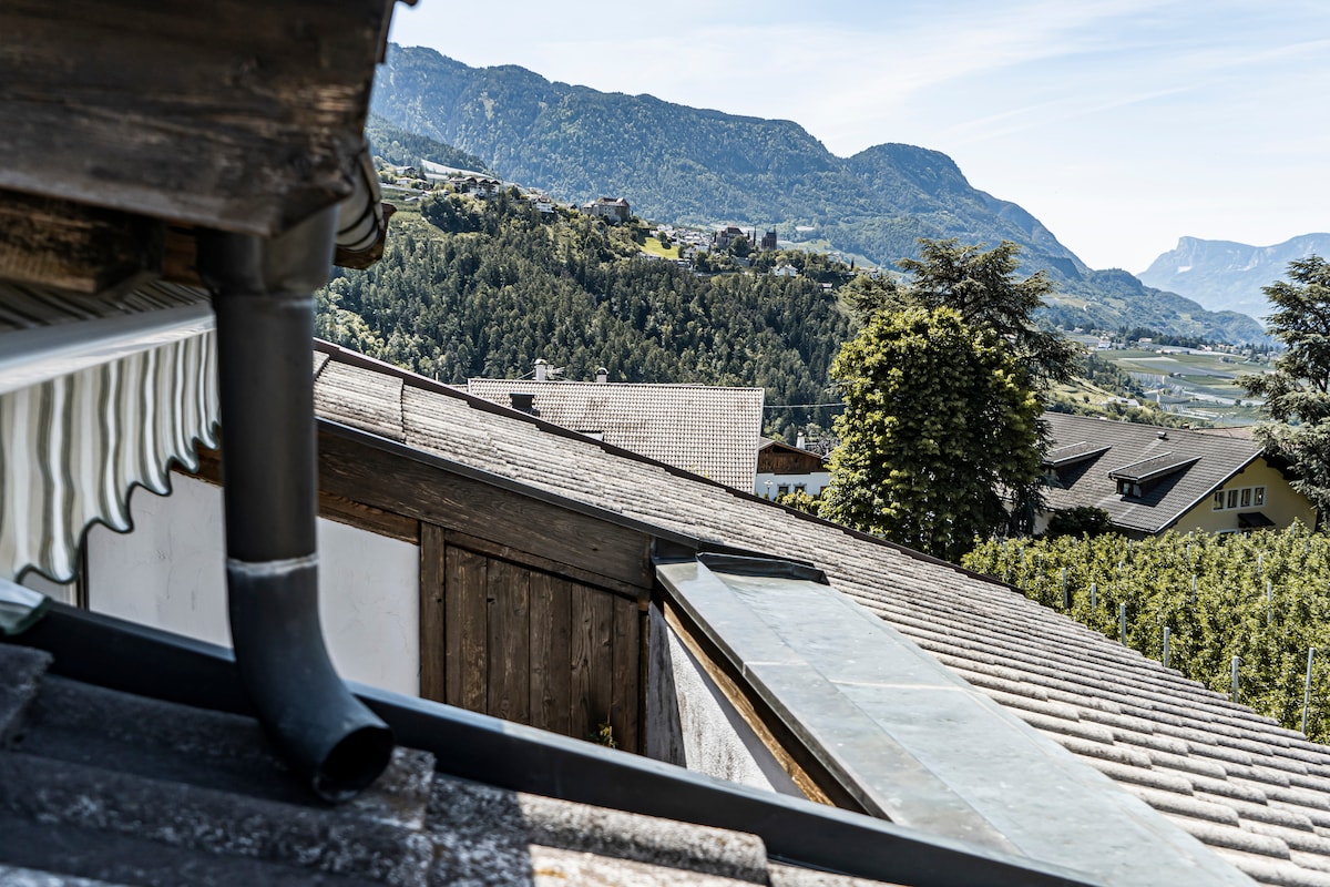 A scenic view showcases rolling hills and distant mountains, framed by the rooftops of nearby buildings. The landscape features lush greenery, with a clear blue sky enhancing the overall tranquility of the surroundings.
