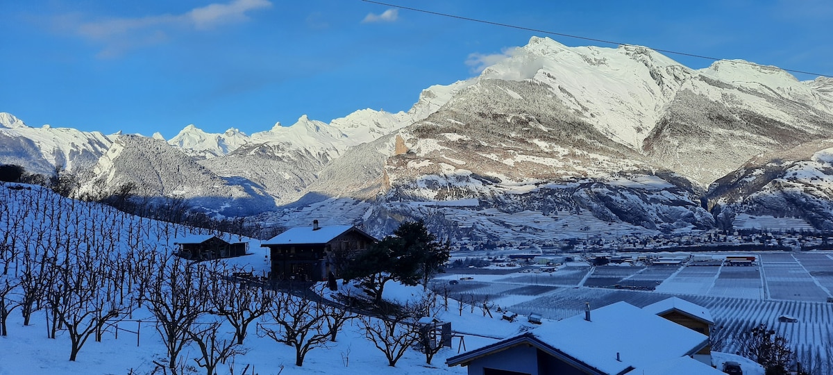 A winter landscape showcases snow-covered mountains rising majestically in the background. The foreground features quaint houses and rows of orchards, blanketed in snow, with a clear blue sky above. The scene captures the serene beauty of the alpine environment.