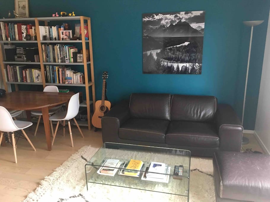 - A droite : Coin salon avec canapé et pouf en cuir, table basse en verre et tapis berbère.
- A gauche : Coin salle à manger avec table ronde en bois et 4 chaises scandinaves.