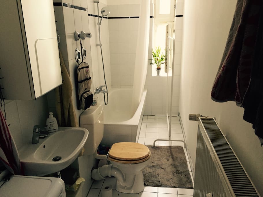 Bathroom with tube, daylight through windows and (not in the picture) a washing machine