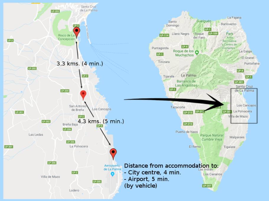 Cómo llegar a la casa, tanto desde el aeropuerto como desde el puerto, en Santa Cruz de La Palma