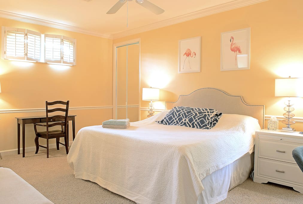 Master bedroom with the lights on