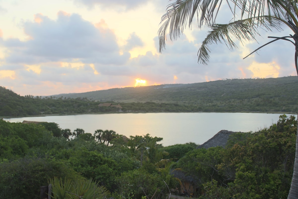 A serene landscape stretches across the image, featuring a calm lagoon reflecting soft sunset hues. Lush greenery surrounds the water, with distant hills gently rolling under a colorful sky. A palm tree frames the scene, enhancing the natural beauty of this tranquil environment.