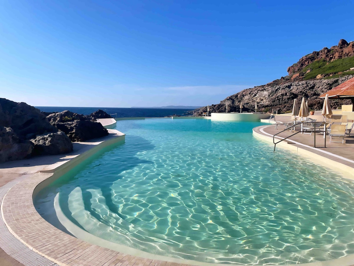 A large infinity pool is situated among rocky formations, offering expansive views of the sea. The clear blue water ripples gently in sunlight, while a few lounge chairs are positioned along the perimeter. The landscape merges seamlessly with the coastal scenery in the background.