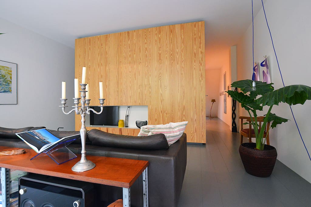 The living room. You can see the wooden box in the middle. On the right you can go the kitchen, on the left is the bedroom among others