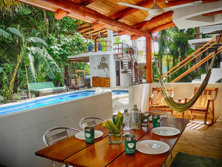 Poolside dining and monkey viewing at Villa Jardin.