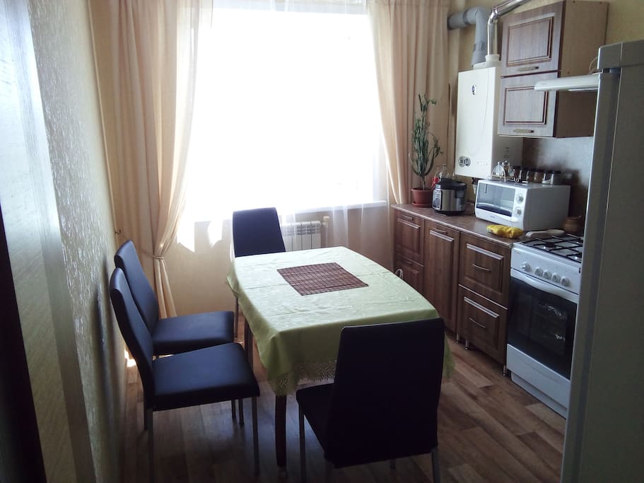 Kitchen: refrigerator, plate, microwave oven