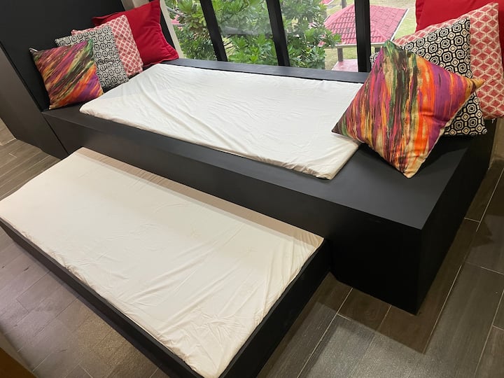 They also have a daybed inside the unit where you can enjoy the view of the pool and the beach during the noon, if you’re afraid of getting too dark. Haha!

-Martina, Oct 2021