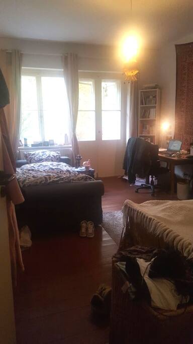 Das Zimmer (zusehen ist das Schlafsofa und die Balkontür mit Blick ins Grüne)