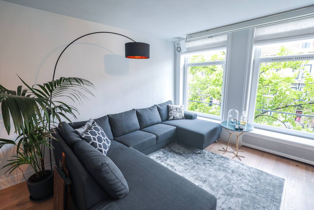 The large living room features an U-shaped couch with Indian viscose rug and designer table and lamp.